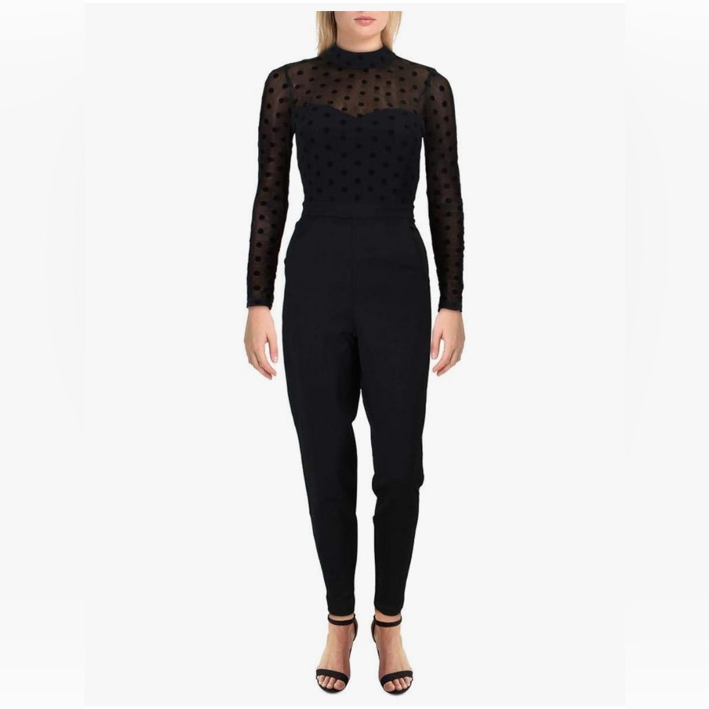 French Connection Black Sheer High Neck Polka Dot Jumpsuit
